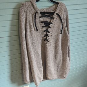 Cozy Lace-Up V-Neck Sweater - Taupe